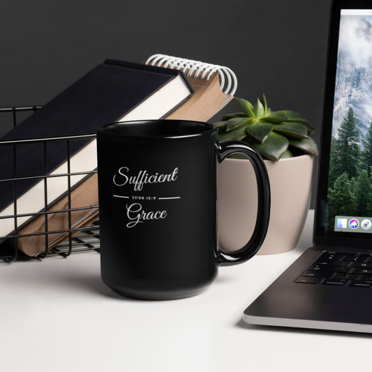 Sufficient Grace Black Glossy Mug